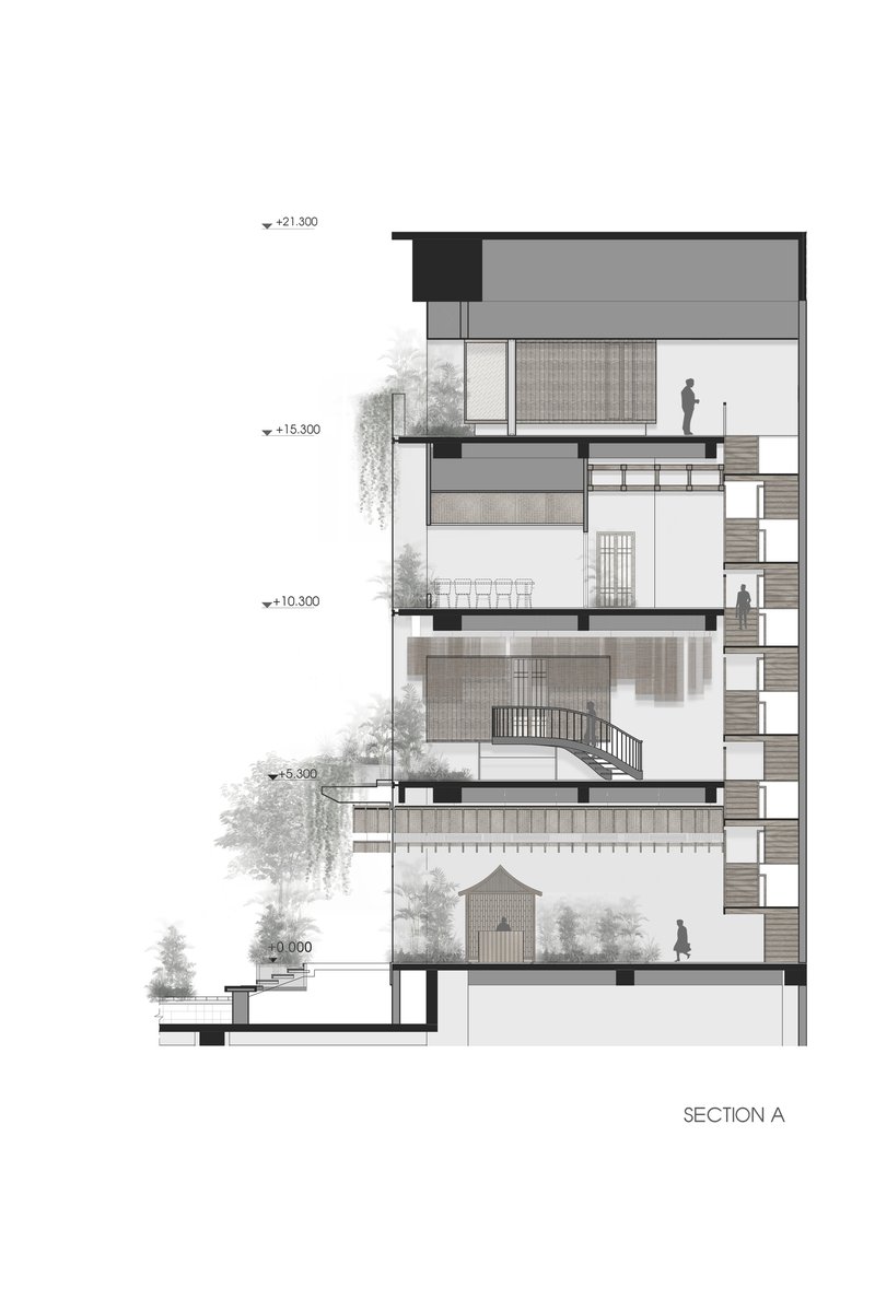 Section drawing revealing terraced levels with interior spaces and trees at multiple heights