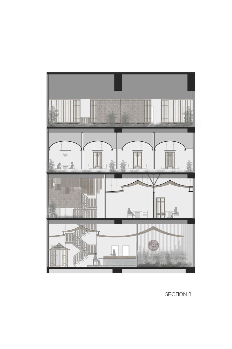 Section drawing showing curved archways spanning across multiple floors with a central staircase