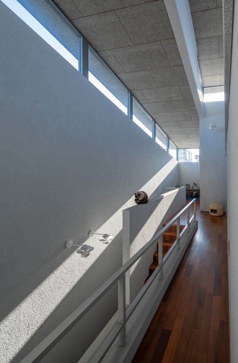 Upper hallway with concrete ceiling and clerestory windows throwing sharp diagonal light across white walls