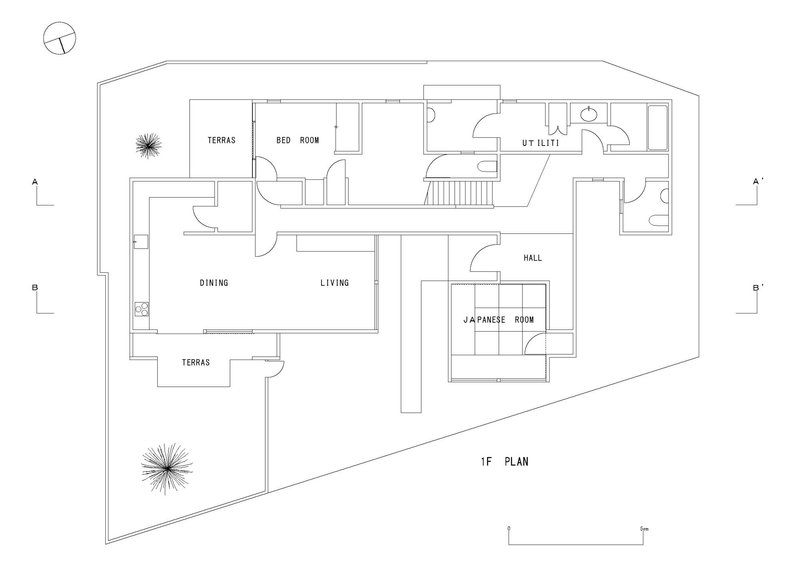 First floor plan drawing showing living and dining areas with tatami room and terraces