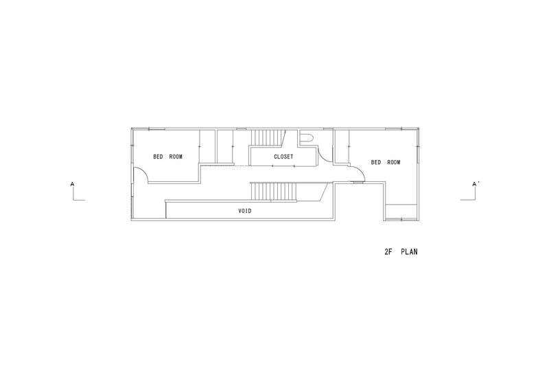 Second floor plan drawing showing two bedrooms connected by a void and closet space