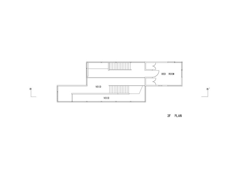 Third floor plan drawing showing a single bedroom with double-height voids flanking the staircase