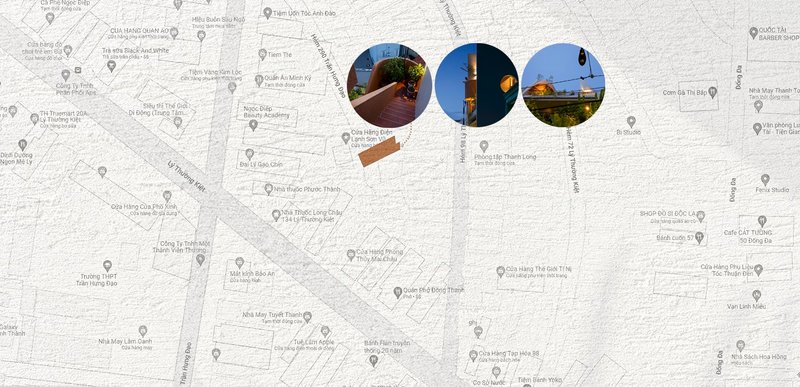 Site map with circular photograph insets showing building details and surrounding context