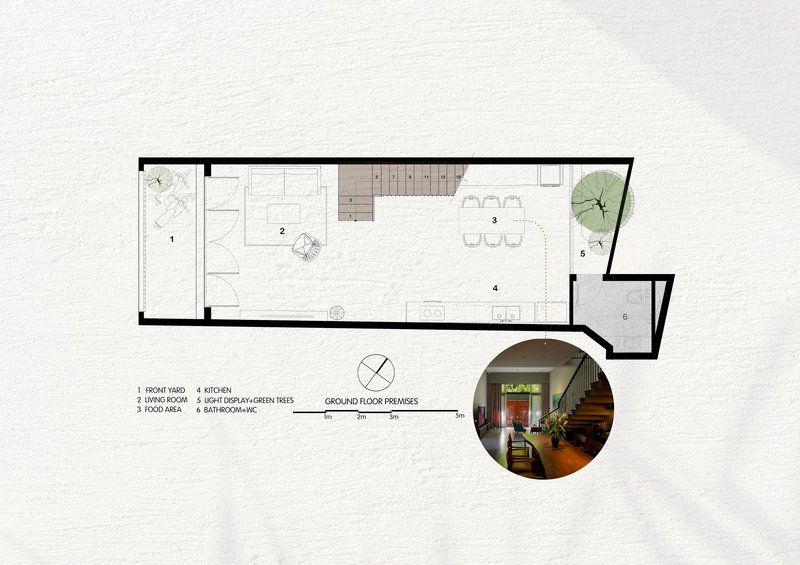 Ground floor plan drawing showing living spaces, kitchen, staircase, and light portal with inset photograph
