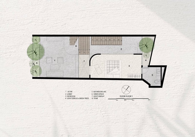 Ground floor plan showing a linear layout with courtyard, staircase and green space at one end