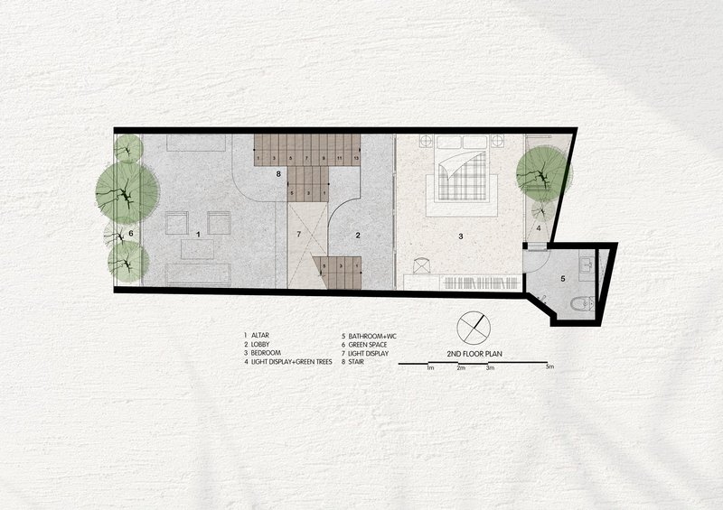 Second floor plan with bedroom, lobby and balcony arranged along a slender rectangular footprint