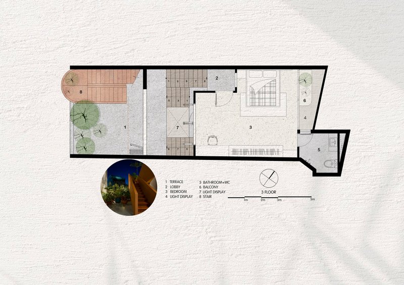 Third floor plan featuring terrace with planted trees and curved stair detail in circular inset