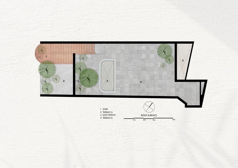 Roof surface plan showing terrace areas with tree planting and paved zones