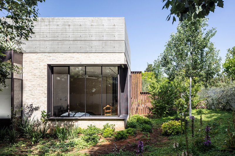 Concrete box with corner window and timber screen wall surrounded by garden beds