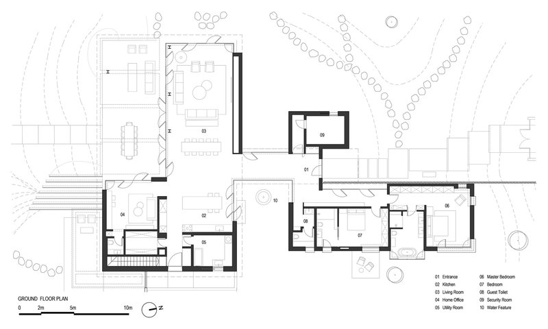 Ground floor plan drawing showing interconnected living spaces and bedrooms with surrounding topography and vegetation