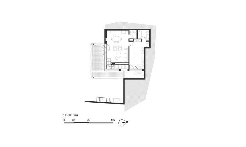 First floor plan drawing showing an open living area with terrace and staircase connection