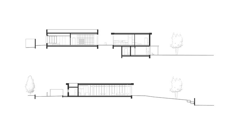 Section drawings showing the split-level building stepping down the sloped terrain between trees
