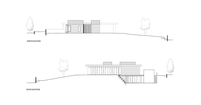 North and south elevation drawings showing the horizontal building volumes on sloping ground with trees