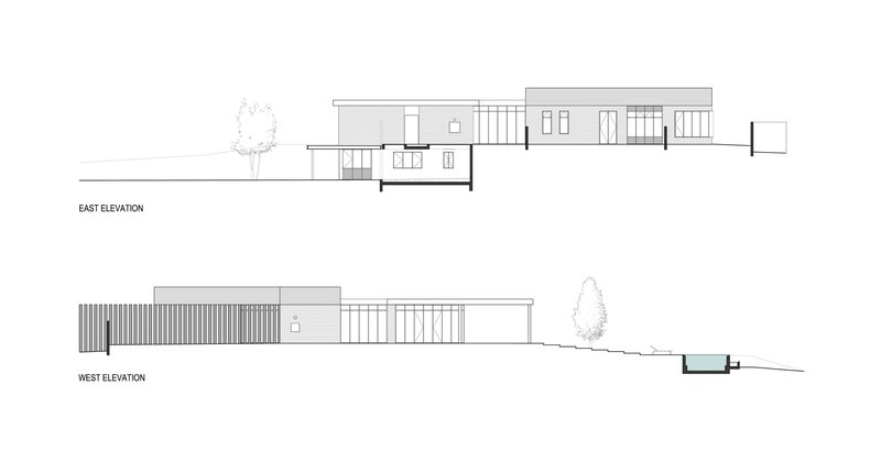 East and west elevation drawings showing the linear structure with pool and vertical screen elements