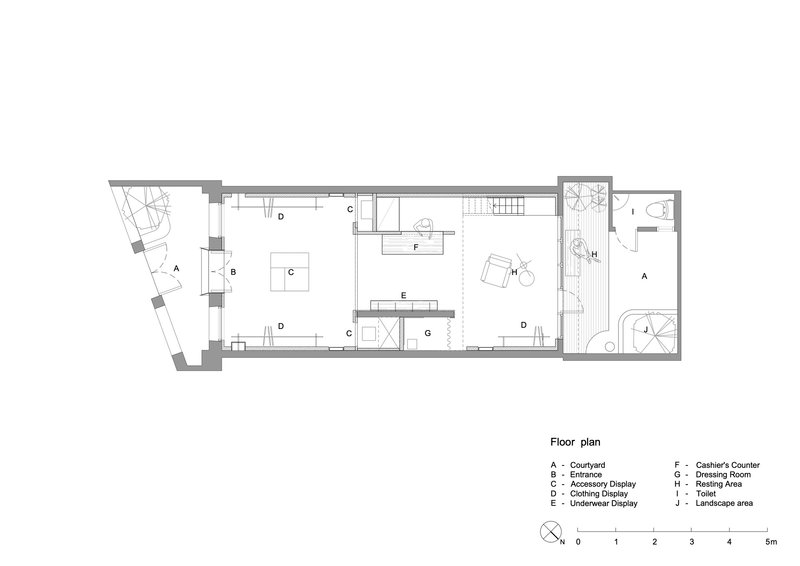 Floor plan drawing showing the spatial organization with central courtyard and labeled program zones