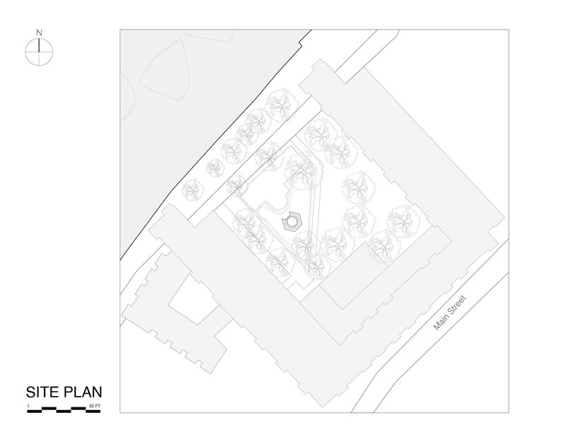 Site plan drawing showing diamond-shaped structure within landscaped courtyard surrounded by existing buildings