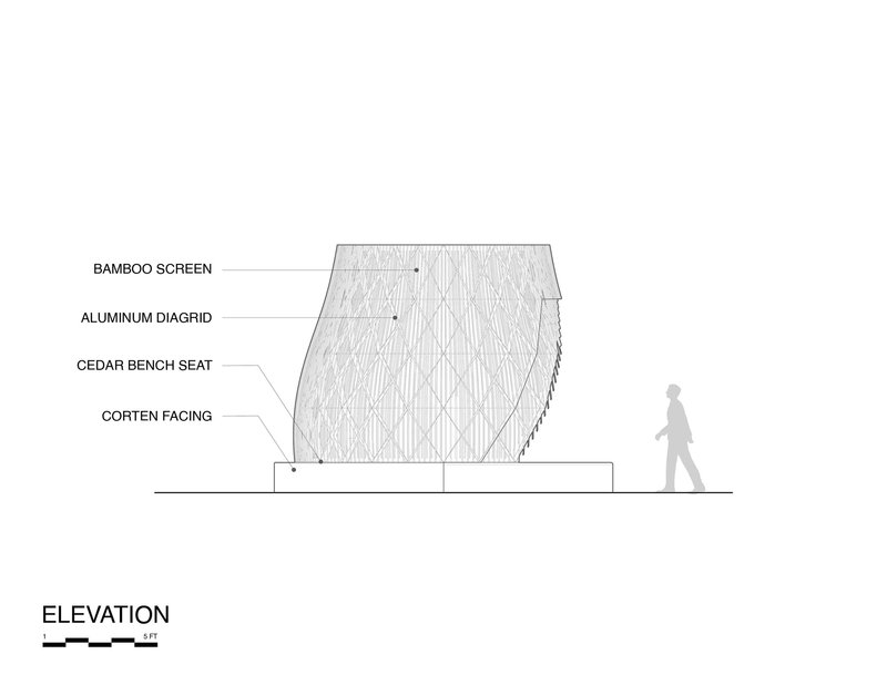 Elevation drawing showing hexagonal pavilion section with bamboo screen and figure for scale