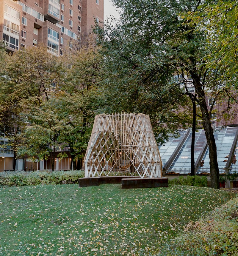 Tapered timber structure elevated on weathered steel beams among mature trees in autumn
