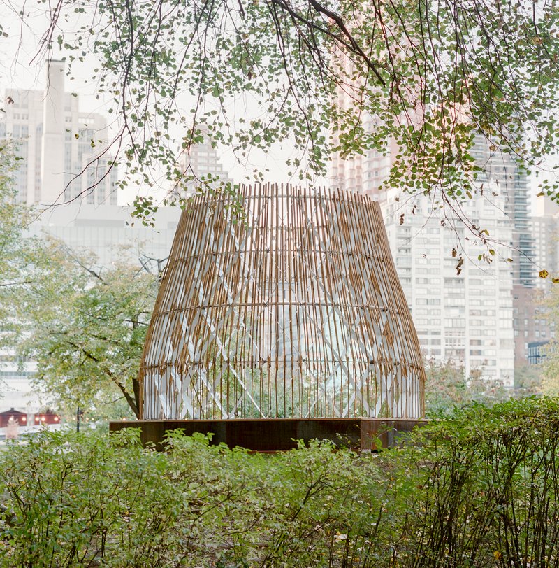 View of the slatted pavilion through hanging willow branches in morning mist