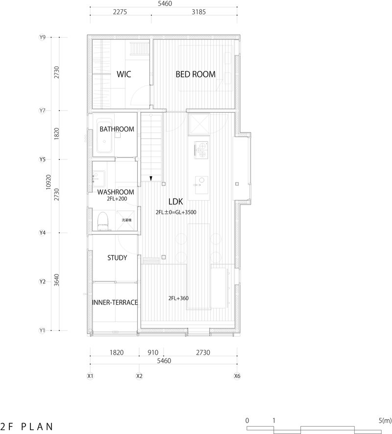 Floor plan drawing showing second floor layout with bedroom, bathroom, study, and open living-dining-kitchen area