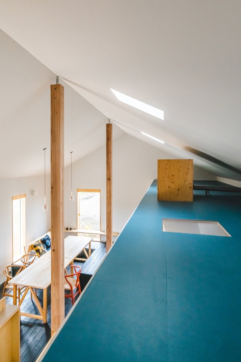 Upper level view through timber columns toward blue painted volume and sloped white ceiling with skylights