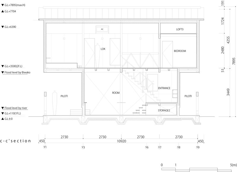 Section drawing showing two-story volume with gabled roof, loft spaces, and elevated piloti foundation