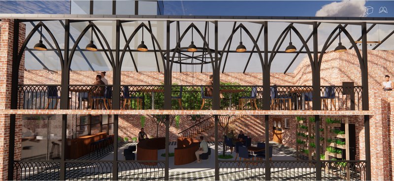 The semi-open mezzanine overlooks the courtyard, encouraging social interaction while maintaining visual continuity throughout the space.