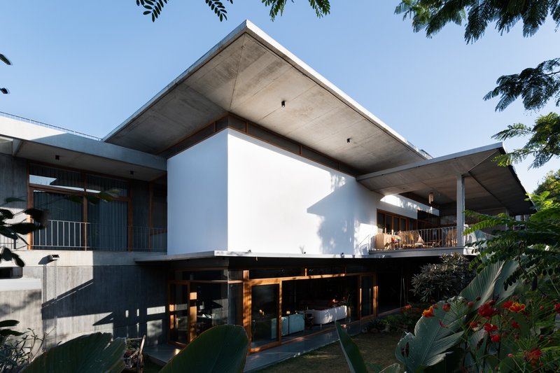 Elevated white volume supported by timber columns above a transparent ground floor in afternoon light