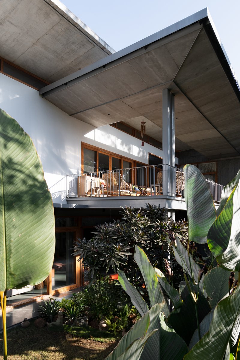 Elevated terrace with timber framing and steel column seen through lush banana and tropical planting