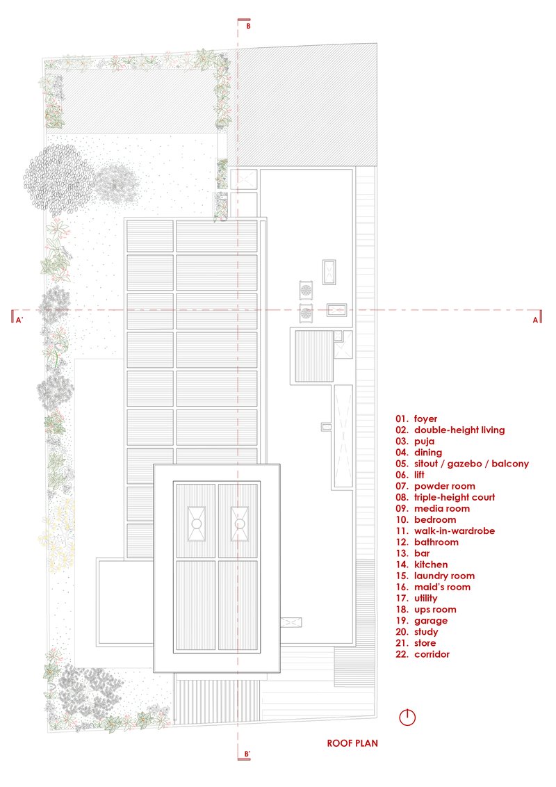 Roof plan drawing showing rectangular volumes with courtyard spaces and surrounding trees