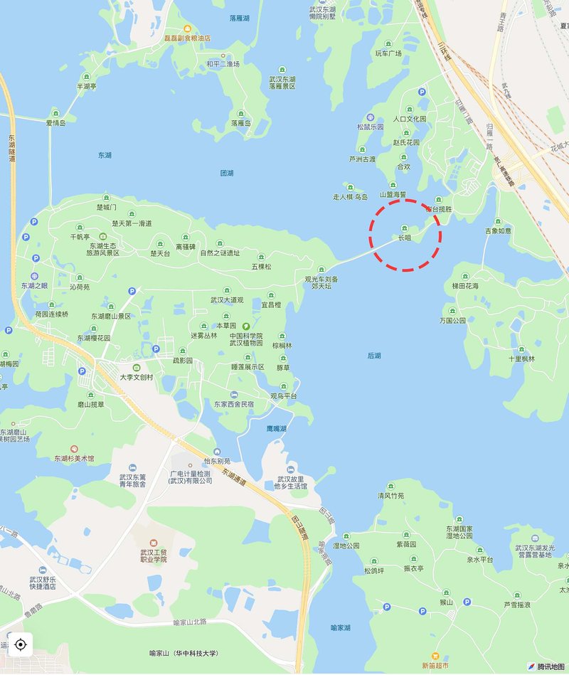 Site map showing island location circled in red within larger lake and parkland