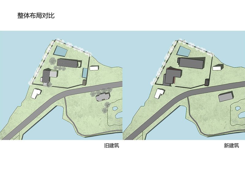 Site plan comparison showing building footprints on a waterfront peninsula with road access