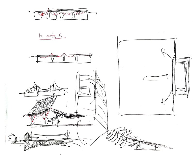 Sketch study exploring curved rooflines, structural sections, and spatial relationships with handwritten notes