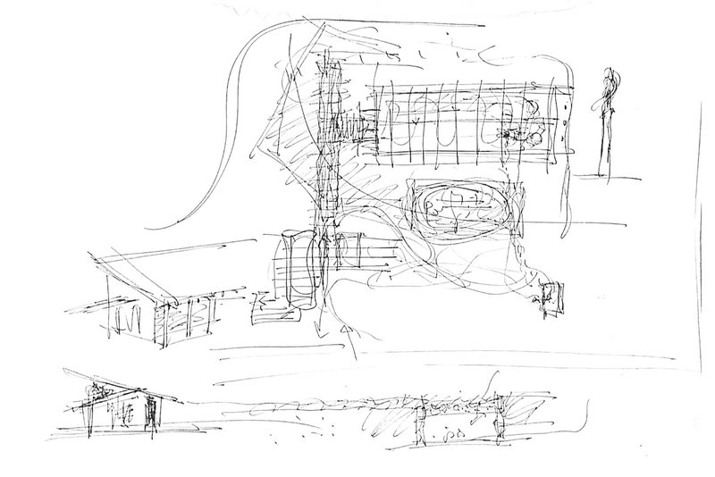 Sketch showing layered curved roofs with columns, tower element, and spatial flow between volumes
