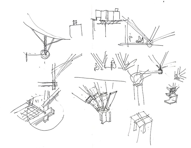 Sketch studies showing various structural connection details between timber columns and curved roof elements