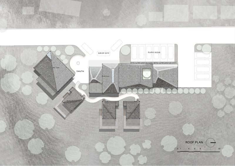 Roof plan drawing showing clustered pyramidal forms and parking area surrounded by circular tree canopies