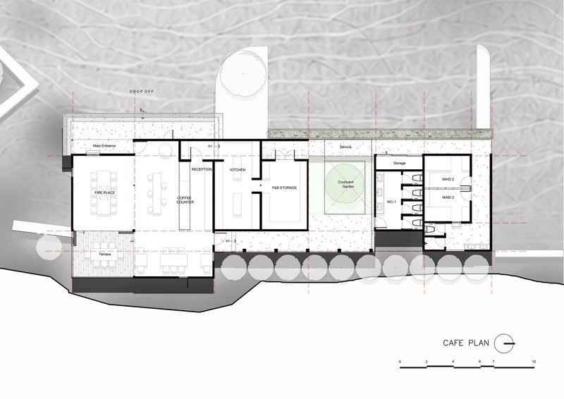 Cafe floor plan drawing showing dining area with fireplace and outdoor terrace with row of trees