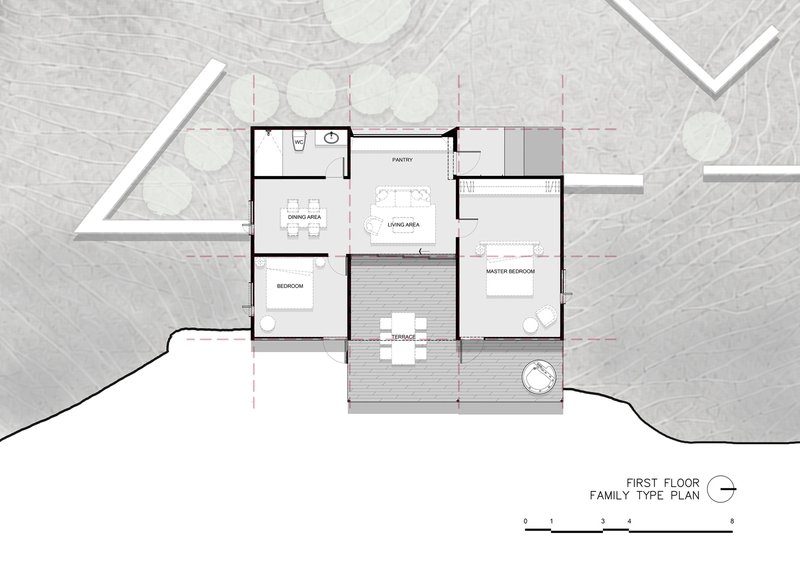 First floor plan drawing showing family unit with living area, pantry, two bedrooms and central terrace