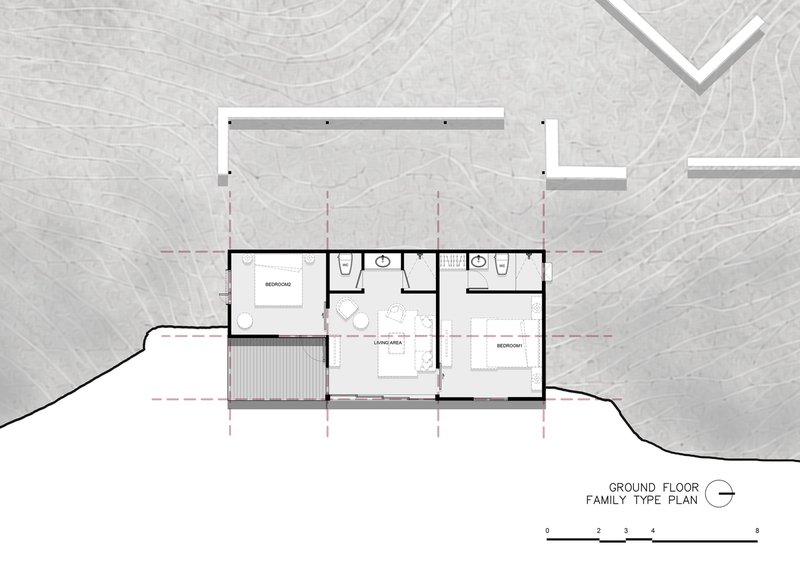 Ground floor plan drawing showing two bedrooms separated by shared living hall with outdoor terrace