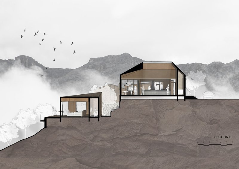 Section drawing showing two volumes stepping down a slope with mountain range and birds overhead