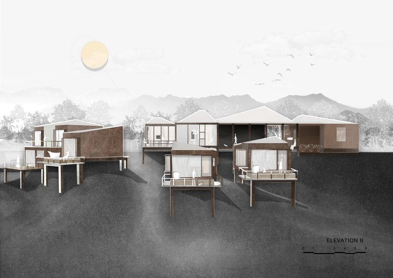 Elevation drawing showing clustered pavilions on stilts descending a slope with mountains and birds in the distance