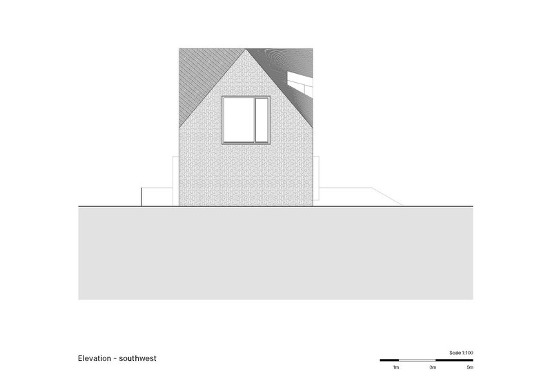 Southwest elevation drawing showing a gabled volume with textured cladding and a single square window