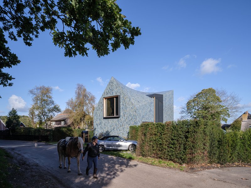 Person with horse passing the tile-clad facade along the residential street in autumn