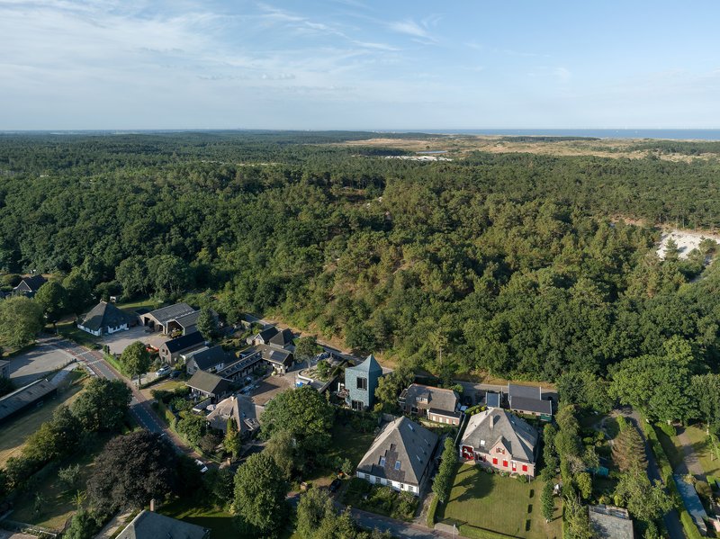 Aerial view of residential houses clustered among dense forest with open fields visible in the distance