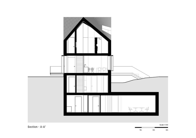 Section drawing revealing four levels with a central staircase connecting above-ground and below-ground spaces
