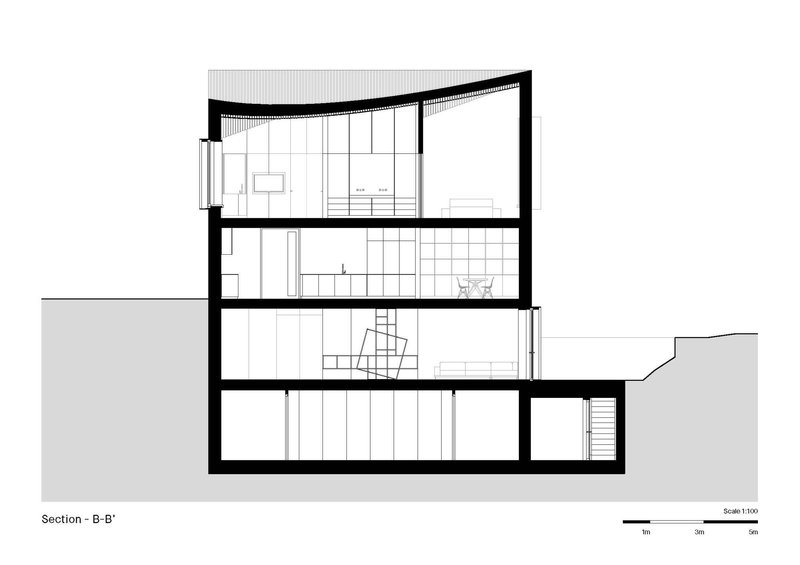 Section drawing showing a four-story structure with a curved roof and partially submerged lower levels
