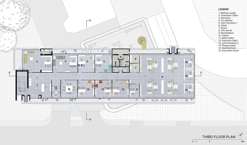 Third floor plan drawing showing linear office spaces with workstations and meeting rooms along a central corridor