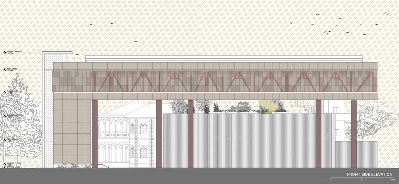 Front elevation drawing showing red triangulated steel truss facade above corrugated metal cladding and brick columns