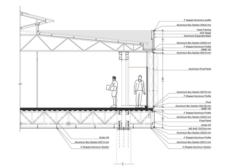 Construction detail section drawing of aluminum truss assembly with two figures standing on the floor platform
