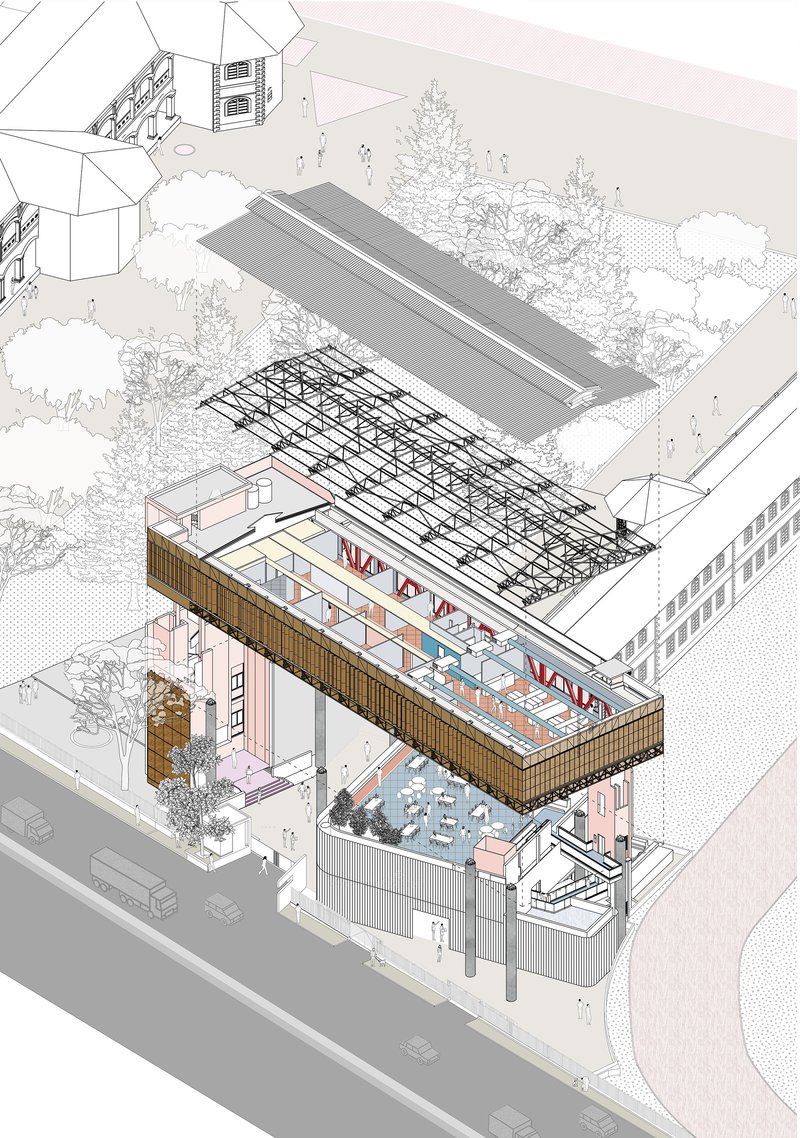 Axonometric drawing showing timber facade wrapping around multi-level workspace with exposed steel roof structure and surrounding trees